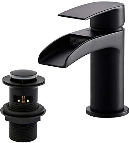 Matte Black Basin Taps with Pop Up Waste, BATHWEST Waterfall Basin Tap with Drain, Monobloc Black Brass Bathroom Sink Taps with Sink Plug 112NBK