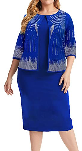 Élégante robe deux pièces à col rond et manches 3/4 pour femme, bleu, XL