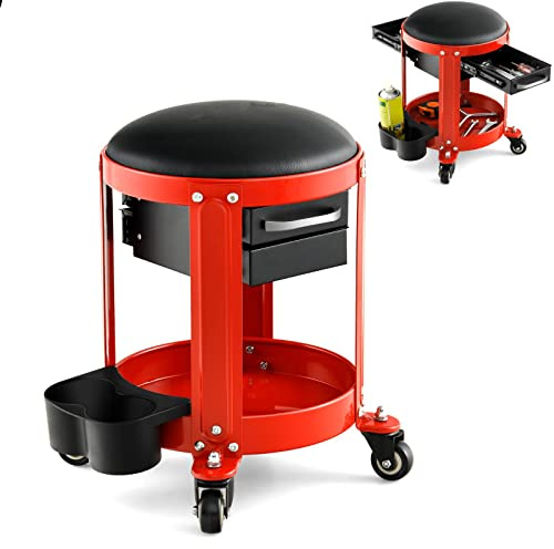 TANGZON Rolling Workshop Creeper Seat, Rolling Mechanic Creeper Stool with 4 Universal Wheels, Double Drawers & Can Holders, Padded Repair Shop Garage Roller Toolbox Stool Work Seat, 150KG Capacity