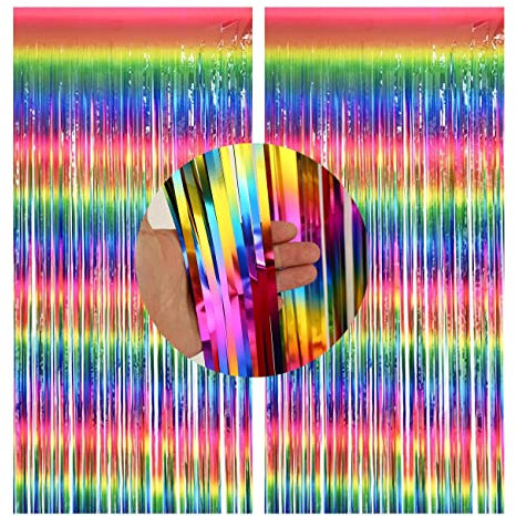 CC wonderland zone 2 Stück Bunt Lametta Vorhänge -Regenbogen Metallische Folienvorhänge (1m x 2m) Tinsel Curtain für Party Deko