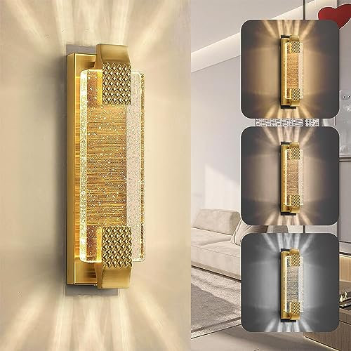 Kristall Wandleuchte LED Luxus Modern Wandlampe Innen K9 Kristall Lampe Gold Edelstahl Basis 3 Modu Lichtfarbe 3000K/4000K/6000K Crystal Wall Lamp für Wohnzimmer Schlafzimmer Bett Flur Wandbeleuchtung