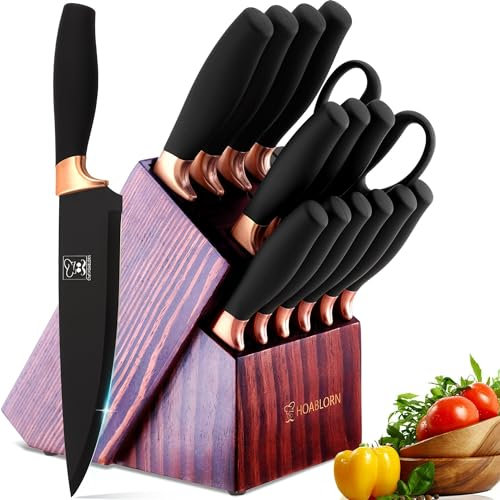 ChefHoablorn Set de cuchillos de cocina con bloque, Juego de cuchillos de acero inoxidable profesional con afilador incorporado, juego de cuchillos con bloque de madera para la familia de chefs