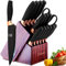 Ensemble de couteaux de cuisine avec bloc, Ensemble de couteaux professionnels en acier inoxydable avec aiguisoir intégré, ensemble de couteaux avec bloc en bois pour les familles de chefs