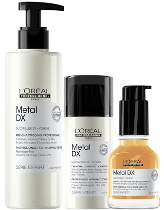 L'Oréal Professionnel Treatment-Set für alle Haartypen, beugt Haarbruch & Farbveränderungen vor, UV- & Hitzeschutz, Mit Glicoamin & Glicofiller, Serie Expert, Metal DX Pre-Shampoo, Leave-in Cream & Öl