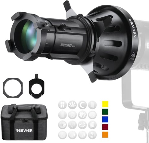 NEEWER Spotlight Snoot mit 40° Projektionsobjektiv, einstellbarer Fokus, 16 Metall Gobos 5 Farbgele Tasche, konischer Snoot für Bowens Mount LED kontinuierliche Leistung Beleuchtung bis zu 300W, LS-38