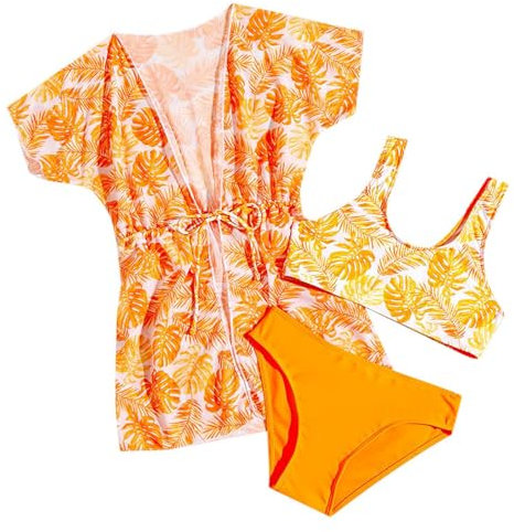 3-teiliger tropischer Badeanzug für Mädchen, Bikini-Badeanzug mit Überzug Schwarzer Badeanzug