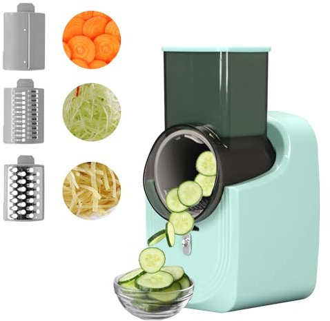 Cortador de verduras eléctrico recargable, cortador de verduras en espiral con batería de 4500 mAh, rallador de tambor, rallador de queso eléctrico, cortador de verduras, con 3 insertos (Azul)
