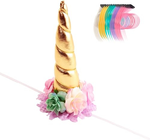 Nishine 8x5 Floral-Einhorn-Stirnband + 18 Pferdemähnen-Glitzer – Einhorn-Dekor für Feste/Hochzeiten/Halloween (Gold&Türkis)