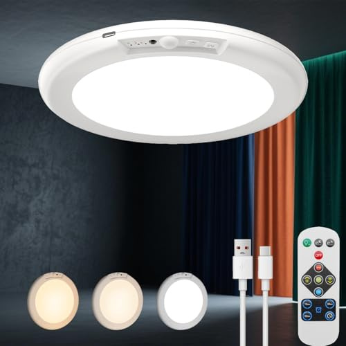 VIIVUU Akku Deckenleuchte mit Bewegungsmelder,Dimmbar & 3 Farbtemperaturen,Magnetische Montage, 4000mAh Batteriebetriebene Deckenlampe mit Fernbedienung,Timer für Wohnzimmer/Badezimmer/Flur