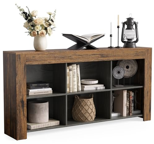 LITTLE TREE Console Table with Storage, 63-Inch Narrow Long Sofa Table, Entryway Table with 6 Cubes, Farmhouse Storage Shelves for Entryway, Living Room