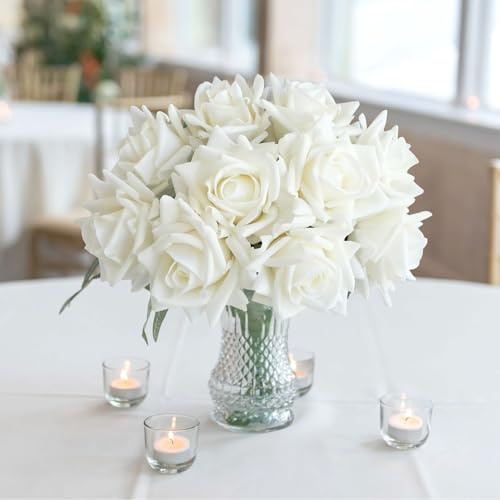JINWOE White Flowers Roses Artificial Flowers, 10pcs Soft Real Touch Silk Artificial Roses Stems, Lifelike Faux Rose for Wedding Table Centerpieces Party Home Decoration