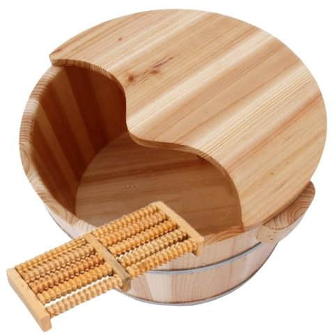 Wooden Foot Basin Solid Wood Foot Tub Pedicure Bowl Spa Massage Cedar Pedicure Barrels Household Foot Bath Barrel with Lid with Massager for Foot Bath, Soak, Massage, Spa, Sauna