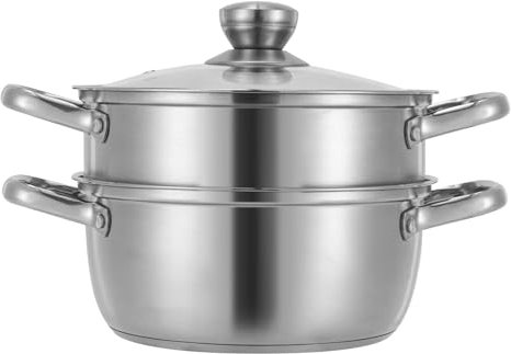 CHFUNE Steamer in acciaio inox, diametro 22 cm, pentola a vapore a 2 ripiani, a induzione con coperchio in vetro, vaporizzatore per cucinare tamale, verdure, gnocchi e frutti di mare
