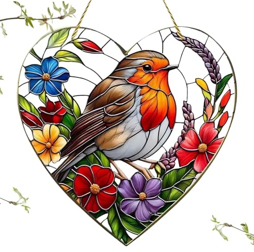 Window Sun Catcher – Large Heart-Shaped Robin Bird | Stained Glass Effect Acrylic Window Hanging – Colorful Bird Ornament for Home Garden Gift Decor (7.8 x 7.8)