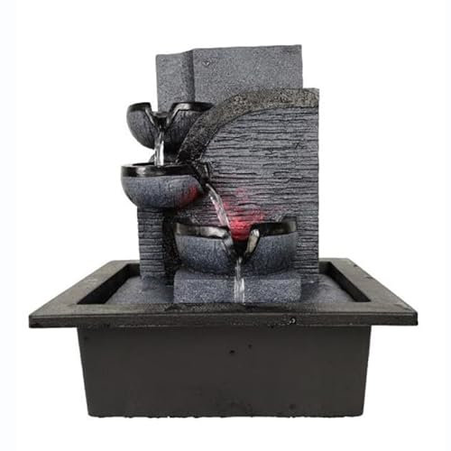 Zen Tischbrunnen mit LED Licht und Wasserfall, Feng Shui Zimmerbrunnen aus Kunstharz in Steinoptik für Meditation, Entspannung und als Geschenkidee – H 29 cm