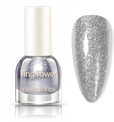 Silver Glitter Nail Polish,Quick Dry Sparkle Nail Varnish,Silver Diamond Long Lasting Glitter Nail Colour,Chip Resistant High Gloss Finish, No UV Lamp Required, Perfect for Beginner Party Girl