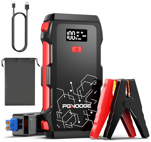 PGNOOGE 6000A Spitzenstrom Starthilfe Powerbank, 26800mAh Hochkapazitäts Starthilfe für All Benzin und 10.0L Dieselmotor, 12V Auto Starthilfegeräte mit Taschenlampe, LED-Anzeige, USB-Schnellladung