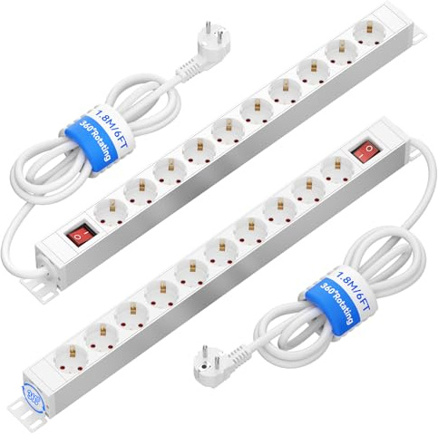 2-pack 10-vägs grenuttag överspänningsskydd, flera uttag väggmontering aluminium grenuttag med strömbrytare, Sewingvr förlängningskabel för kontor hem, 1,8 m kabel, 16 A/3680 W, vit