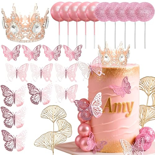 LaVenty Rose Gold Balls Cake Toppers Champagne Cake Decoration | Tiara Crown Birthday Decoration for Birthday Bohemian Party Supplies