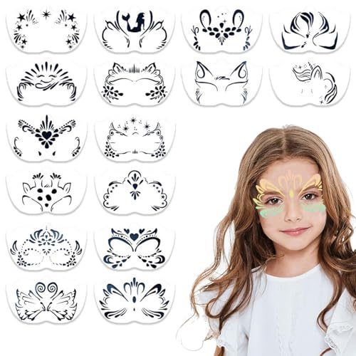 TENGWA 16 Blatt Tattoo Schablone Kinderschminken Schablonen Wiederverwendbare Gesichtsschablonen für Kinder Malschablonen Karneval Halloween Weihnachten Party Cosplay Kostümparty