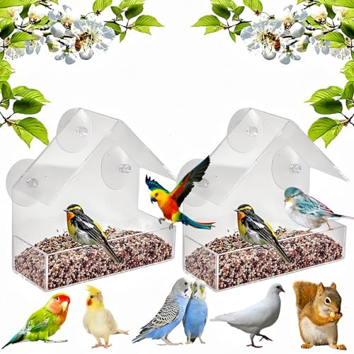 2 Pack Window Bird Feeder with Strong Suction Cups, Outdoor Bird House with Acrylic Bird House for Outside with 4 Perch Rods, 5.9 * 2.4 * 5.9 Inch for Wild Bird Watching Garden Gifts