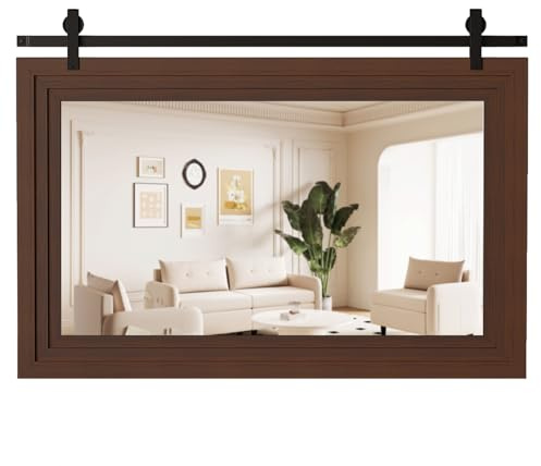 ALBAD 40 Inch Rustic Wall Mirror Wood Farmhouse Wall-Mounted Mirror for Bathroom, Bedroom, Living Room, Entryway Wall Decor Barn Door Style Horizontal Hanging Only, Antique Brown