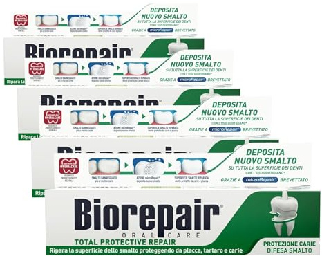 Biorepair, Total Protective Repair Zahnpasta, repariert Nagellack, schützt vor Plaque, Zahnstein und Karie, repariert Nagellack, hält den Atem frisch, Zahnpasta ohne Fluor, 75 ml (Packung mit 4)