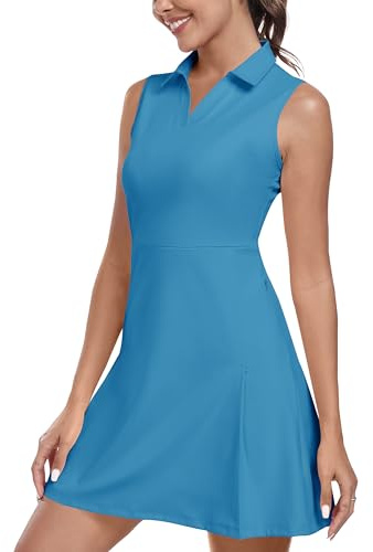 MoFiz Donna Abito da Tennis Senza Maniche con Pantaloncini Scollo a V Estivo Polo-Vestito Golf Sportivo Dress con Tasche a Zip Blu-Lago EU L