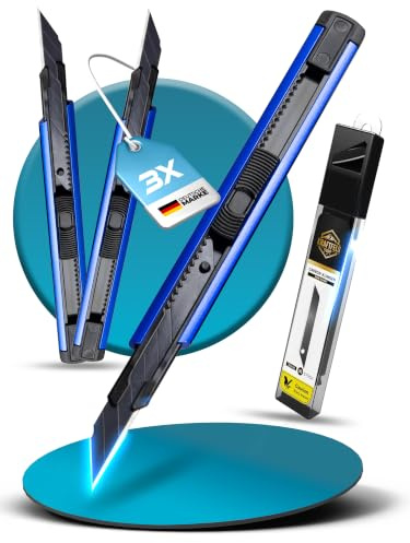 3 x Cuttermesser klein Profi Set (Alu Gehäuse) - inkl. 13x SK5 Carbonstahl Klingen 9mm extra scharf mit 30 Grad Spitze - Cuttermesser 9mm Set - Teppichmesser 9mm - Cutter Messer - Kattermesser Metall