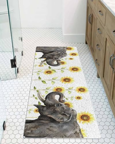 Sunflower Elephant Shower Mat Non Slip Bathtub Mat Watercolor Yellow Flower Animal Bath Mat Soft Loofah Shower Mats for Shower Tub Bathroom Quick Drying Foot Mat, 16x36 Inch