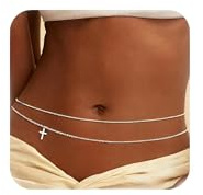 AOSWUD Cadena de Cintura para Mujer Chapada en Oro de 18 Quilates, Cadena Ajustable para el Vientre con Diseño Cubano,Perlas y Cruz Joya Corporal de Verano (Eslabones en forma de cruz plateados)