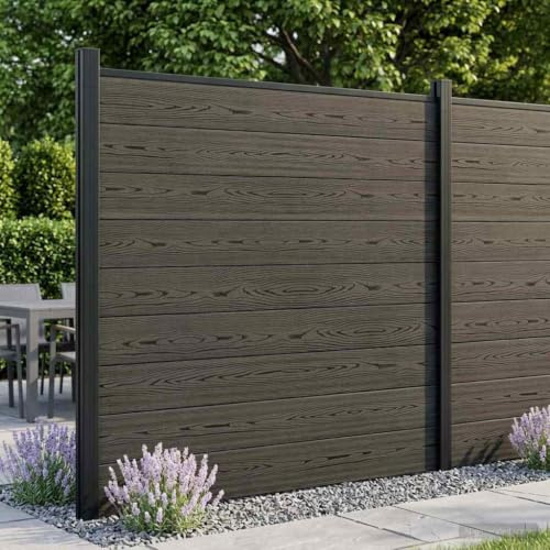Ziaphsol Lot de 3 clôtures 526 x 186 cm WPC et panneau de clôture en aluminium, clôture de jardin, limitation, pare-vent, cloison de séparation, module résistant aux intempéries, pour terrasse, balcon