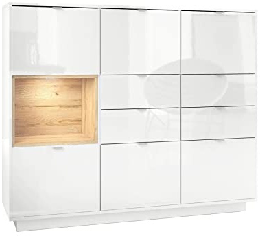 Vladon Highboard Sideboard Metro V2, Made in Germany, Korpus in Weiß Hochglanz/Fronten in Weiß Hochglanz mit Einsatz in Eiche Natur, inkl. LED Beleuchtung