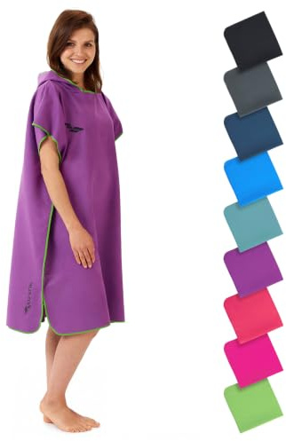 Fit-Flip Badeponcho aus Mikrofaser für Damen und Herren - schnelltrocknend, kompakt und Ultraleicht - Strandponcho für Erwachsene mit Kapuze (Größe L, Lila/Grün)