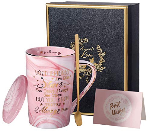 Doublewhale Friend Friendship Gifts Coffee Mug - Good Fiends are Like Stars, 14 Oz Pink Ceramic Marble Mug Tea Cup, Ideal Gifts for Women, Girls, Friends Birthday
