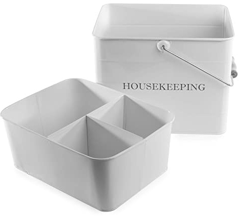 White Cleaning Caddy with Handle|Vintage Storage Basket | Cleaning Supplies Organiser, Portable Cleaning Tote, Utility Storage Basket, Household Cleaning Carrier