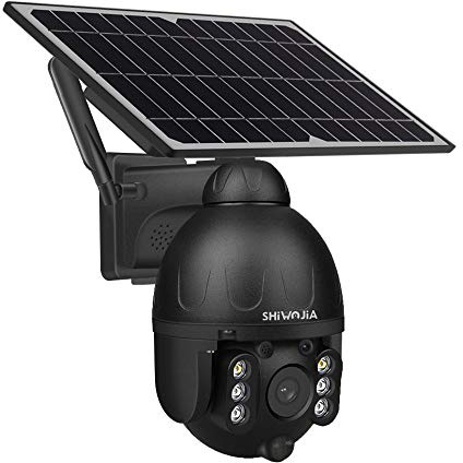 SHIWOJIA Caméra solaire de sécurité extérieure WiFi PTZ à alimentation solaire sans fil Dome Cam Détection PIR, avec vision nocturne couleur, WiFi 2.4G, audio bidirectionnel,stockage de fente Cloud/SD