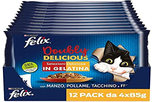 Felix Purina Le Ghiottonerie Doubly Delicious Cibo Umido per Gatti con Manzo e Pollame, Tacchino e Fegato, 48 Buste da 85 g