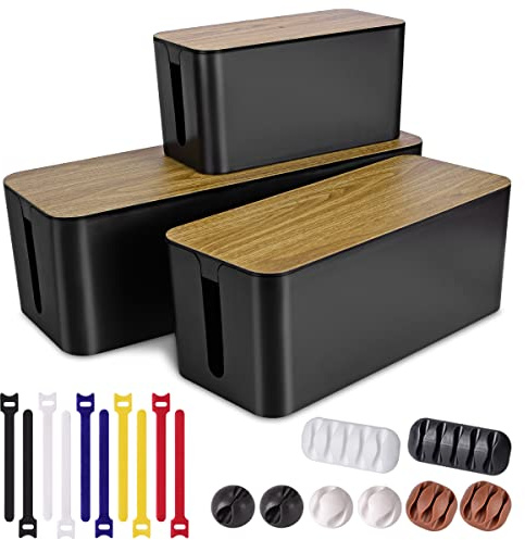 3 Pack Cable Management Box with 18 PCS Cable Management Set - Large & Medium & Small Wooden Grain Cable Organizer Box to Hide Wires & Power Strips | TV Cord Organizer Box | for Home & Office(Black)