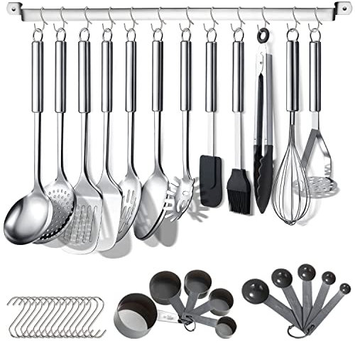 Berglander Juego de utensilios de cocina de 38 piezas de acero inoxidable, utensilios de cocina con soporte para utensilios y ganchos para colgar aptos para lavavajillas