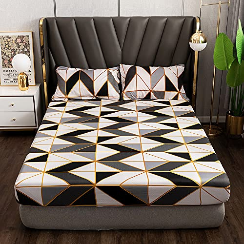 Damier Spannbettlaken 180x200cm Schwarz Weiß Grau geometrisches Muster Spannbetttuch Weiche Mikrofaser Boxspringbett Bettlaken geeignet für Matratzen von 30cm