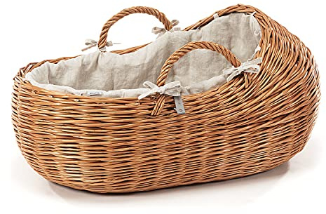 e-wicker24 Alles aus Weide DESAYER Wicker BABYBETT/NATÜRLICHER HANDgewebter Moses-Korb MIT LEINEN BETTWÄSCHE Oeko-TEX Standard 100, UMWELTFREUNDLICHES TRAGBARES BABYBETT