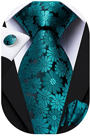 Hi-Tie Herren Seiden Krawatte Set Türkisblau Blumenmustern Krawatte mit Einstecktuch Manschettenknöpfe Für Hochzeit