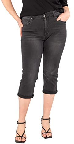 Nina Carter P200 dam caprijeans, stora storlekar, hög midja, jeans, sommarbyxor, använd look, Mörkgrå (P200-3), 50 plus size