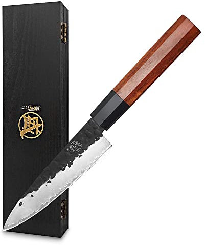 MITSUMOTO SAKARI 14 cm Handgeschmiedetes Gemüsemesser, Japanisches Küchenmesser Profi, Kleines Kochmesser (Rosenholzgriff &Boutique-Holzkiste)