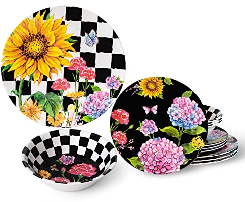 LEHAHA - Sunflower 12 Piece Melamine Dinnerware Set, Includes Plates and Bowls, Service for 4, BPA Free and Unbreakable, Black Plaid Floral Plates Set for Indoor Use