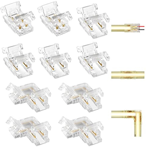 Aroidful 10pcs 2 Pin 8mm LED Strip Light Connectors Kit, Strip to Wire | for COB Tape Lights, Gapless Solderless, Transparent PC, Reusable Snap-on, Slim 5mm Fits Channels, 0-36V 5A