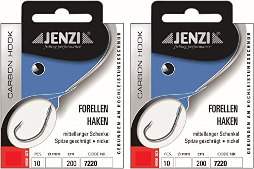 Set: 2 Packungen JENZI gebundene Forellenhaken (20 Stück) Mono,extra lang Sbirolino 200cm Spirolino Hakengröße, 4, 6, 8, 10, je nach Auswahl + gratis Petri Heill! Aufkleber