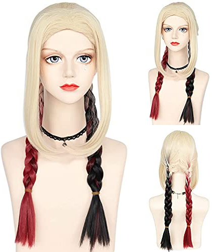 ydound Wig Anime Cosplay Anime-Perücke, Cosplay, Schwarze und rote Perücke for Frauen, Blonde geflochtene Perücke mit doppeltem Pferdeschwanz, Lange gerade Perücke (New Suicide Squad Harley Quinn)