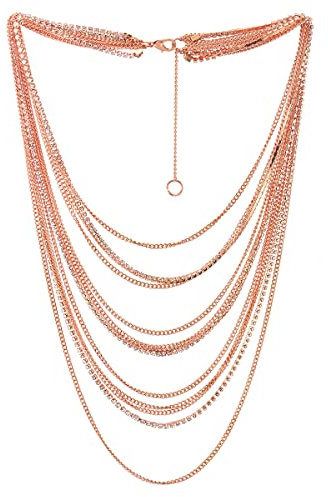 COOLSTEELANDBEYOND Oro Rosa Cascata Multi Strati Catena Statement Collare Pendente con Collana con Strass Catena Abito da Sera